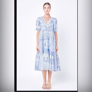 English Factory Blue and White Geometric Midi Dress